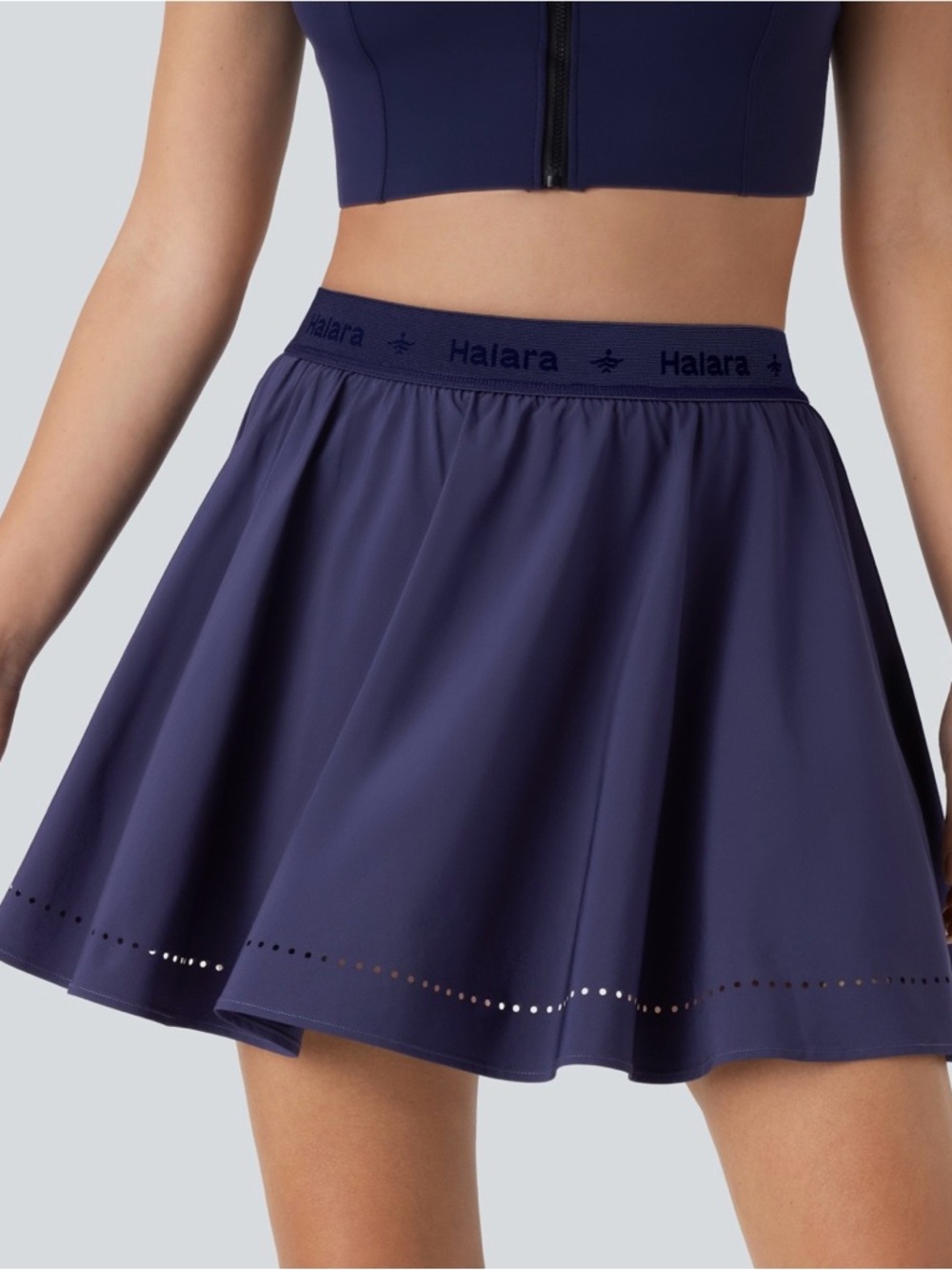 Breezeful High Waisted Perforated 2-in-1 Flare Mini Skirt w/ Shorts & Pockets - Picture 4 of 4